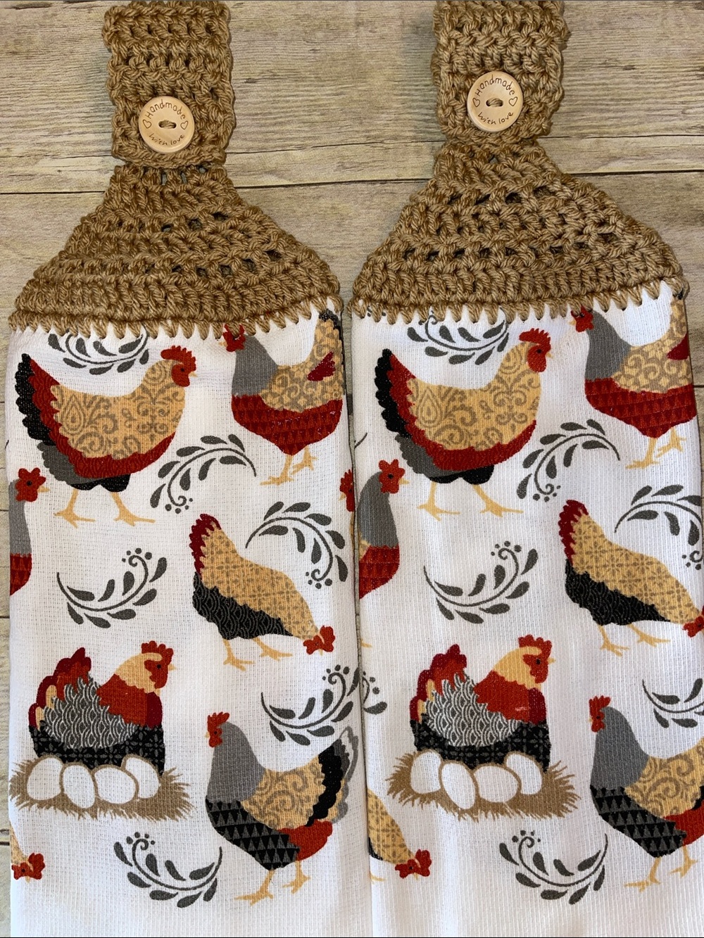 Set of Two Crochet Top Chickens Hanging Towels Double Thickness